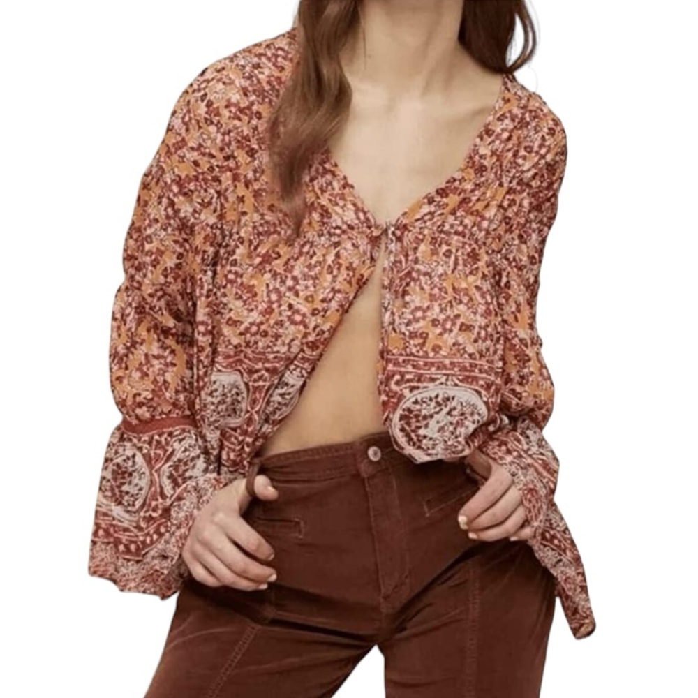 Free People Lorraine Tiered Tie-Front Kimono Top size M